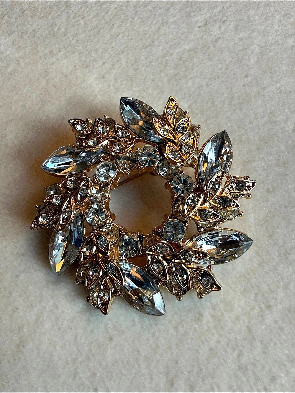 Floral Crystal Wreath Brooch in Gold & Clear Rhinestone
